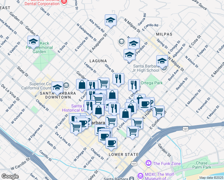 map of restaurants, bars, coffee shops, grocery stores, and more near 823 Laguna Street in Santa Barbara