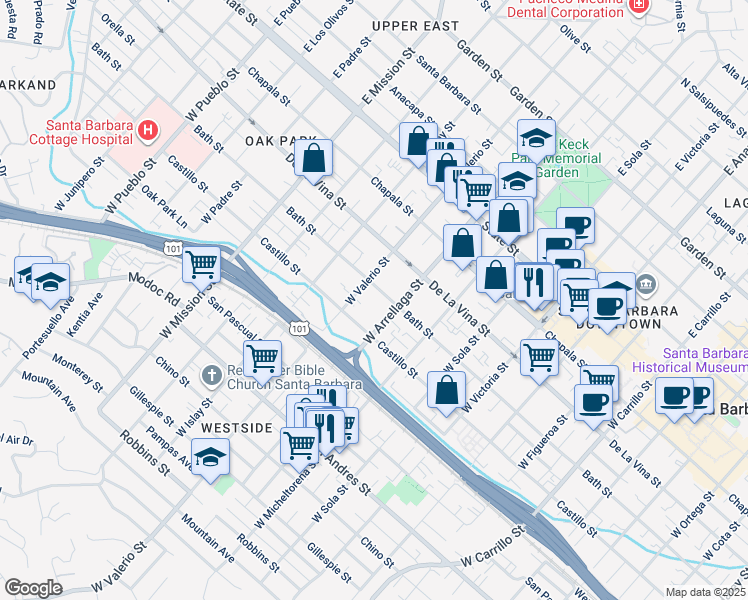 map of restaurants, bars, coffee shops, grocery stores, and more near 319 West Arrellaga Street in Santa Barbara