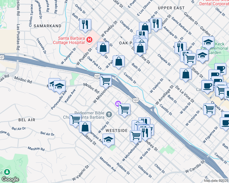 map of restaurants, bars, coffee shops, grocery stores, and more near 1910 San Pascual Street in Santa Barbara