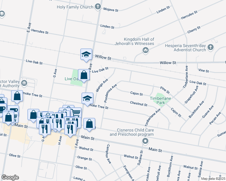 map of restaurants, bars, coffee shops, grocery stores, and more near 9529 Ponderosa Avenue in Hesperia