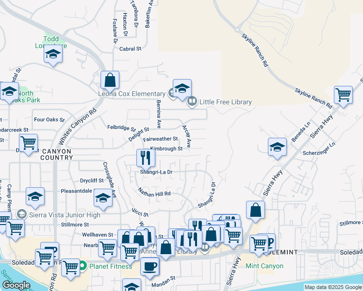 map of restaurants, bars, coffee shops, grocery stores, and more near 18603 Fairweather Street in Santa Clarita