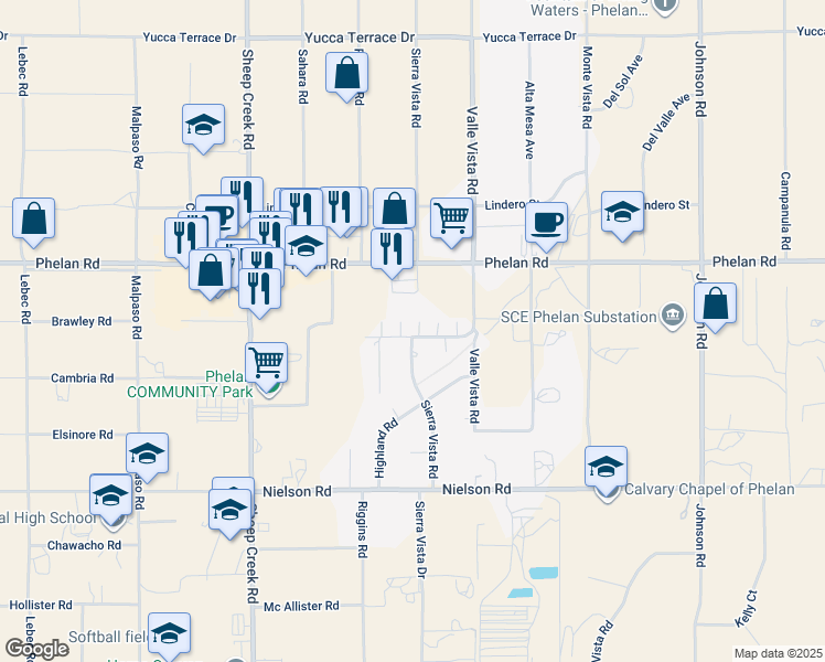 map of restaurants, bars, coffee shops, grocery stores, and more near 9580 Conicera Court in Phelan