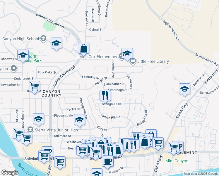 map of restaurants, bars, coffee shops, grocery stores, and more near 18717 Kimbrough Street in Santa Clarita