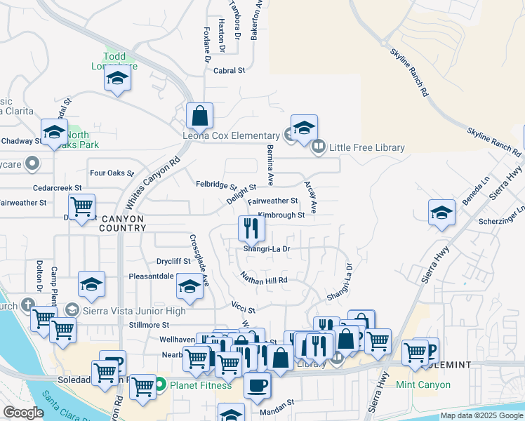map of restaurants, bars, coffee shops, grocery stores, and more near 18717 Kimbrough Street in Santa Clarita