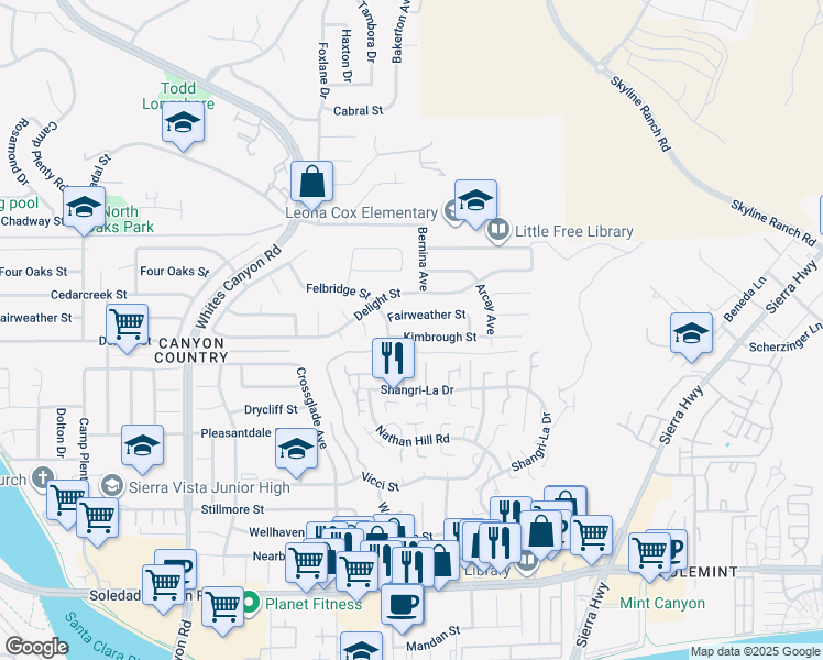 map of restaurants, bars, coffee shops, grocery stores, and more near 18717 Kimbrough Street in Santa Clarita
