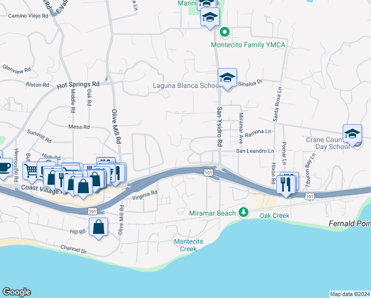 map of restaurants, bars, coffee shops, grocery stores, and more near 137 La Vereda Road in Santa Barbara