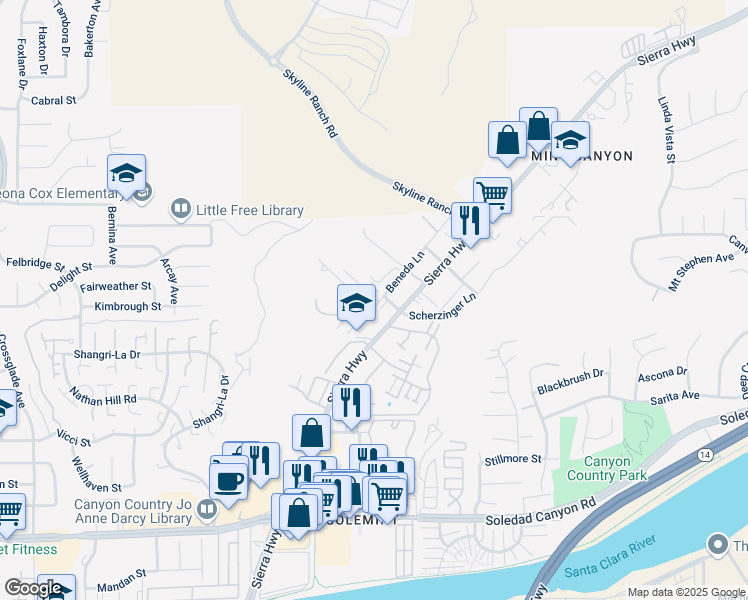 map of restaurants, bars, coffee shops, grocery stores, and more near 18027 Sierra Highway in Santa Clarita