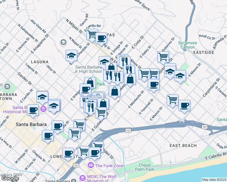 map of restaurants, bars, coffee shops, grocery stores, and more near 616 East Haley Street in Santa Barbara