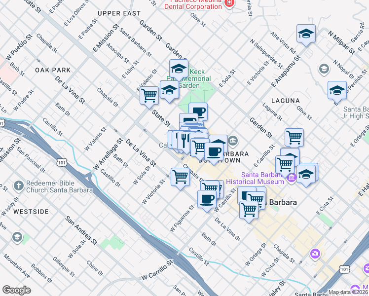 map of restaurants, bars, coffee shops, grocery stores, and more near 1221 State Street in Santa Barbara