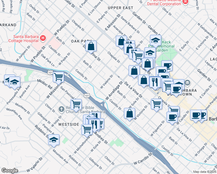 map of restaurants, bars, coffee shops, grocery stores, and more near in Santa Barbara