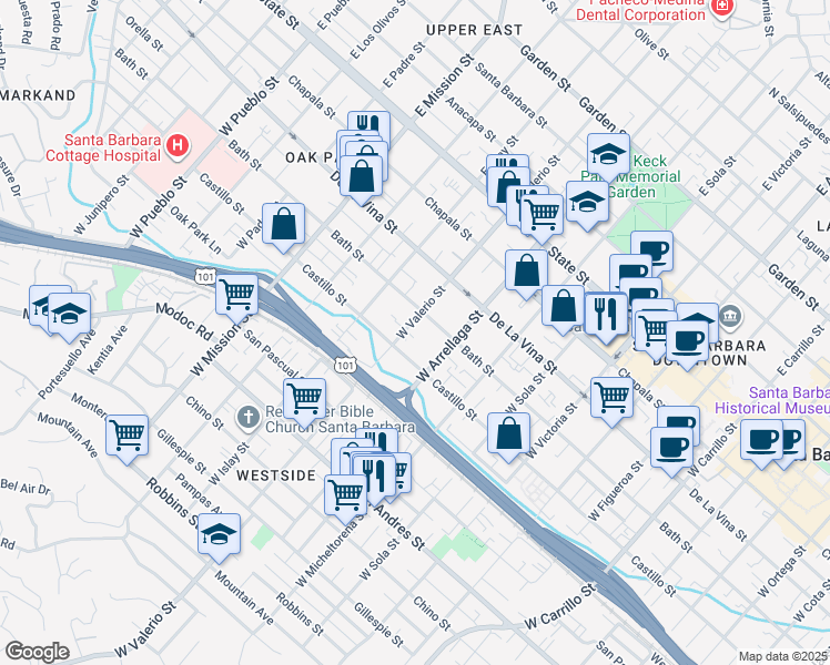 map of restaurants, bars, coffee shops, grocery stores, and more near 1621 Castillo Street in Santa Barbara