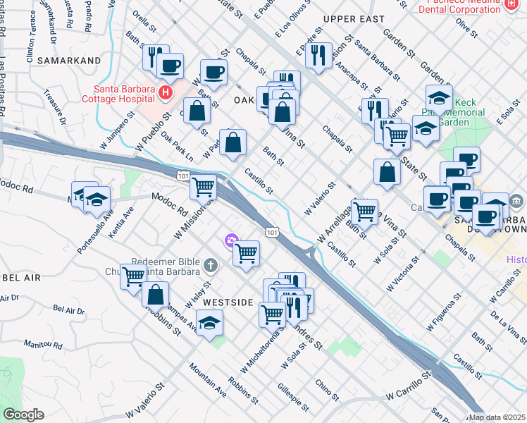 map of restaurants, bars, coffee shops, grocery stores, and more near 1735 Thomas Avenue in Santa Barbara