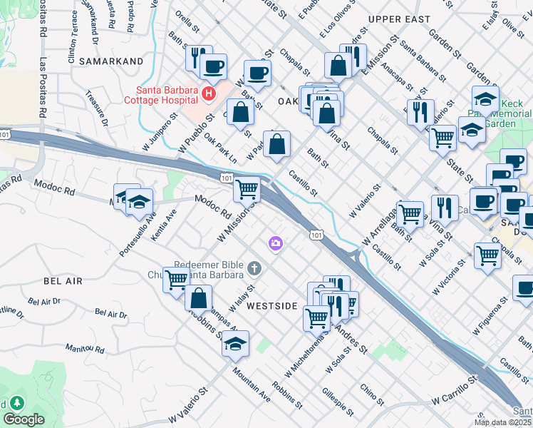 map of restaurants, bars, coffee shops, grocery stores, and more near 1910 San Pascual Street in Santa Barbara