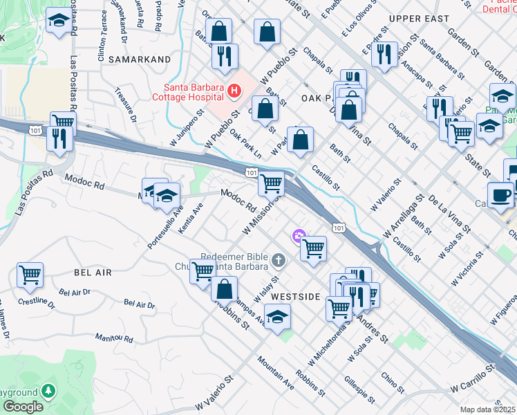 map of restaurants, bars, coffee shops, grocery stores, and more near in Santa Barbara