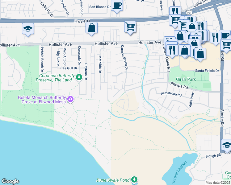 map of restaurants, bars, coffee shops, grocery stores, and more near 475 Cannon Green Drive in Goleta