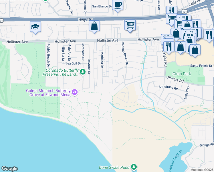map of restaurants, bars, coffee shops, grocery stores, and more near 447 Ellwood Beach Drive in Goleta
