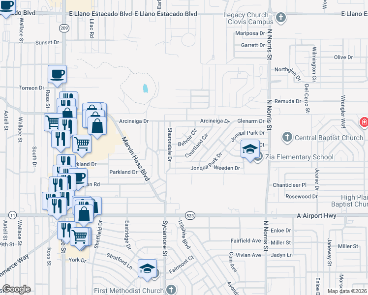 map of restaurants, bars, coffee shops, grocery stores, and more near 1509 Courtland Circle in Clovis