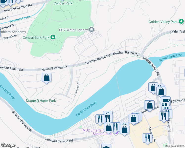 map of restaurants, bars, coffee shops, grocery stores, and more near 22356 Windriver Court in Santa Clarita