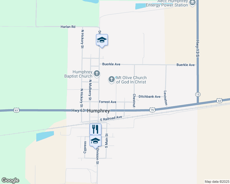 map of restaurants, bars, coffee shops, grocery stores, and more near 307 Oak in Humphrey