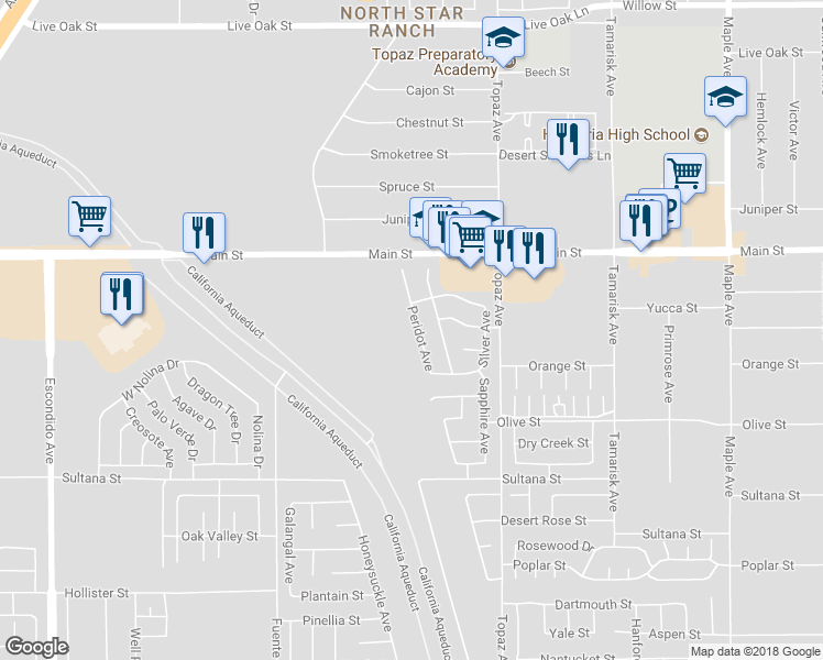 map of restaurants, bars, coffee shops, grocery stores, and more near 9562 Peridot Avenue in Hesperia