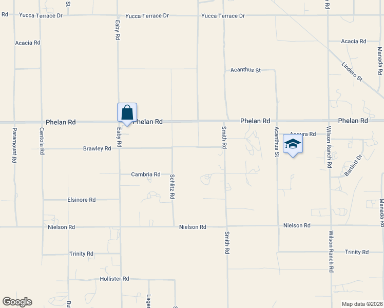 map of restaurants, bars, coffee shops, grocery stores, and more near 5970 Brawley Road in Phelan