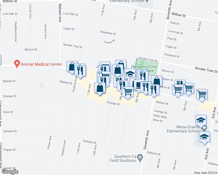 map of restaurants, bars, coffee shops, grocery stores, and more near 15601 Main Street in Hesperia