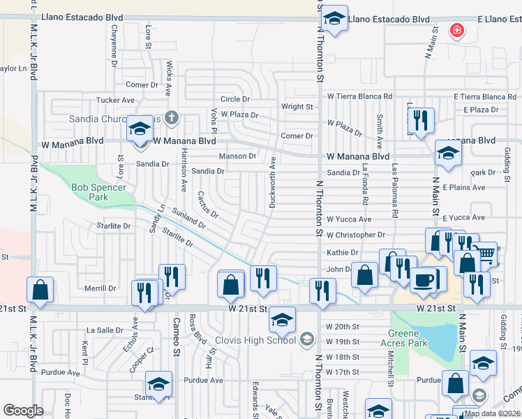 map of restaurants, bars, coffee shops, grocery stores, and more near 117 Westerfield Place in Clovis