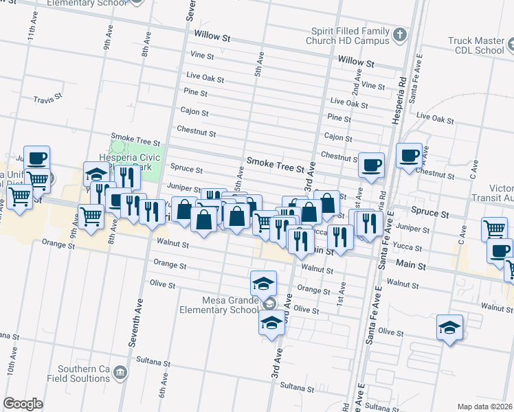 map of restaurants, bars, coffee shops, grocery stores, and more near 16209 Juniper Street in Hesperia