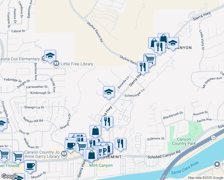 map of restaurants, bars, coffee shops, grocery stores, and more near 18009 Beneda Lane in Santa Clarita