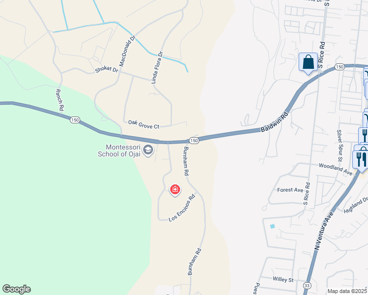 map of restaurants, bars, coffee shops, grocery stores, and more near 621 Baldwin Road in Ojai