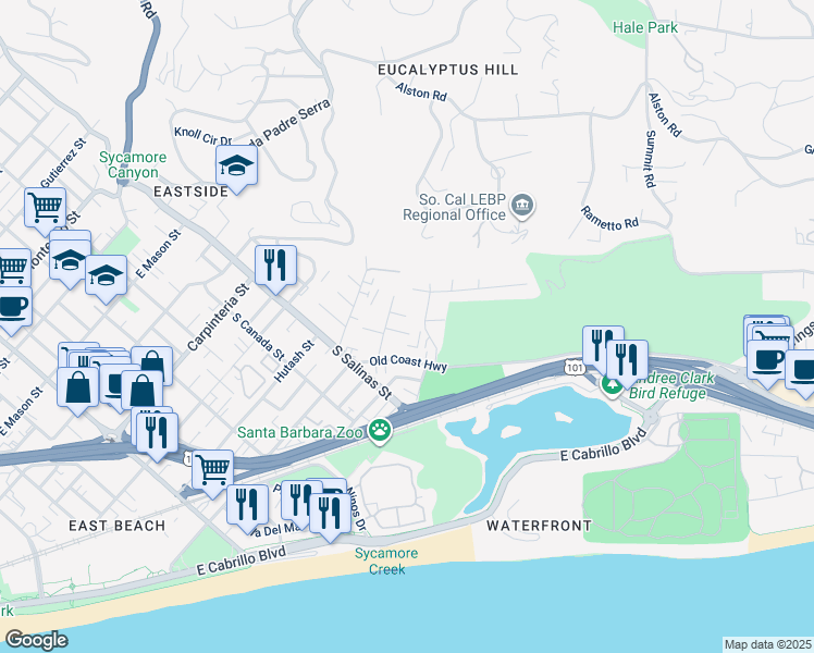 map of restaurants, bars, coffee shops, grocery stores, and more near 1455 Harbor View Drive in Santa Barbara