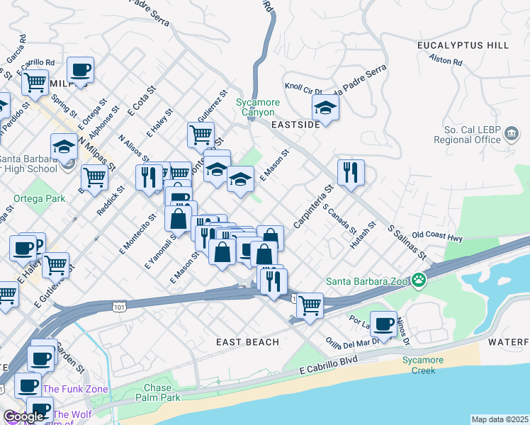 map of restaurants, bars, coffee shops, grocery stores, and more near 7 North Soledad Street in Santa Barbara