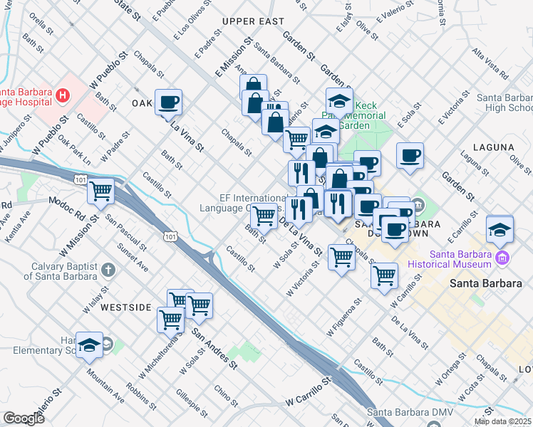 map of restaurants, bars, coffee shops, grocery stores, and more near 206 West Arrellaga Street in Santa Barbara