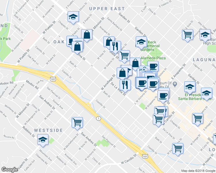 map of restaurants, bars, coffee shops, grocery stores, and more near 206 West Arrellaga Street in Santa Barbara