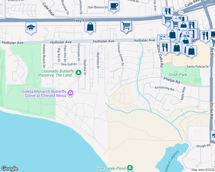 map of restaurants, bars, coffee shops, grocery stores, and more near 375 Cannon Green Drive in Goleta