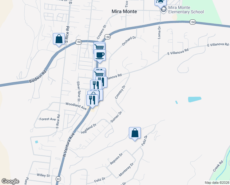 map of restaurants, bars, coffee shops, grocery stores, and more near 1918 Country Place in Ojai