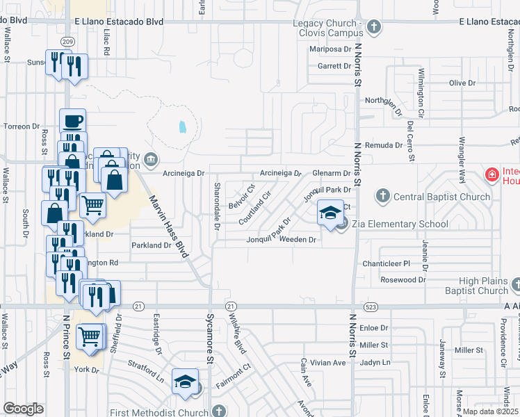 map of restaurants, bars, coffee shops, grocery stores, and more near 1709 Belvoir Circle in Clovis