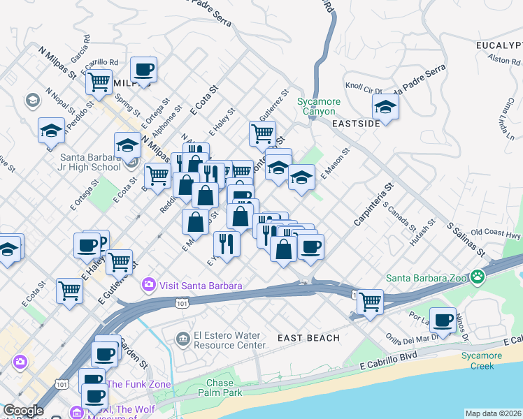 map of restaurants, bars, coffee shops, grocery stores, and more near 1005 East Yanonali Street in Santa Barbara