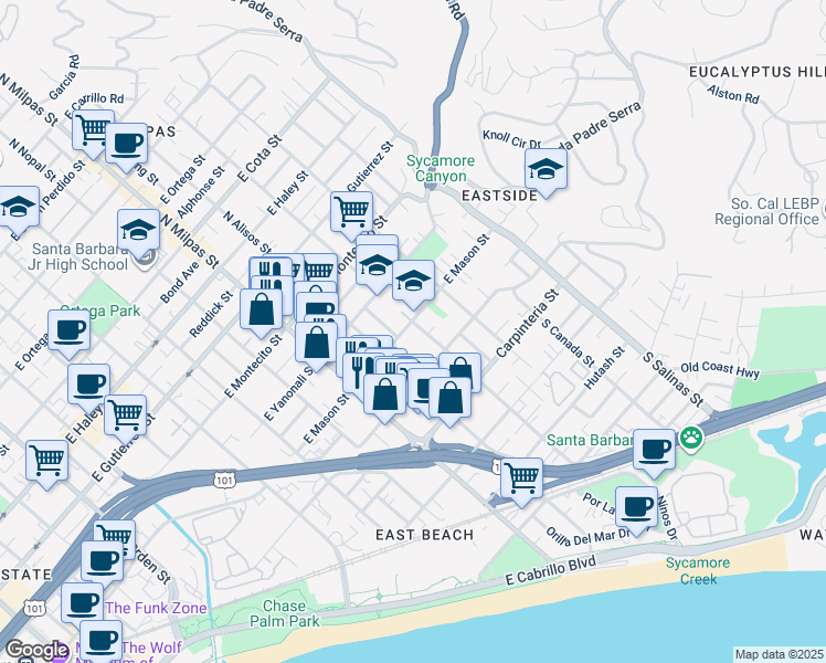 map of restaurants, bars, coffee shops, grocery stores, and more near 1120 East Mason Street in Santa Barbara