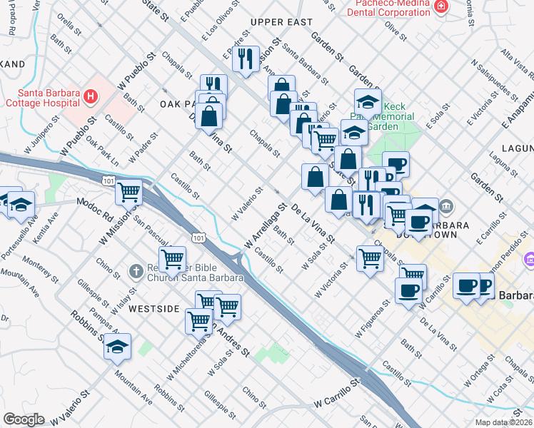 map of restaurants, bars, coffee shops, grocery stores, and more near 1624 Bath Street in Santa Barbara
