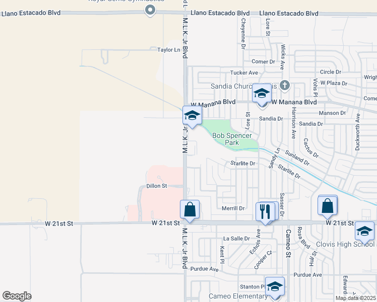 map of restaurants, bars, coffee shops, grocery stores, and more near 2601 Martin Luther King Junior Boulevard in Clovis