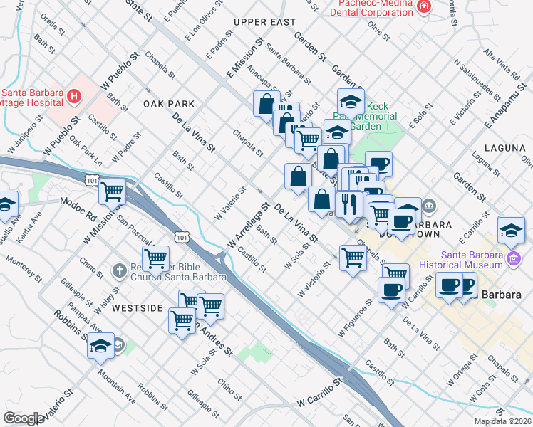 map of restaurants, bars, coffee shops, grocery stores, and more near 215 West Arrellaga Street in Santa Barbara