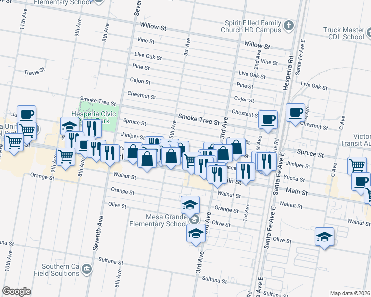 map of restaurants, bars, coffee shops, grocery stores, and more near 16209 Juniper Street in Hesperia