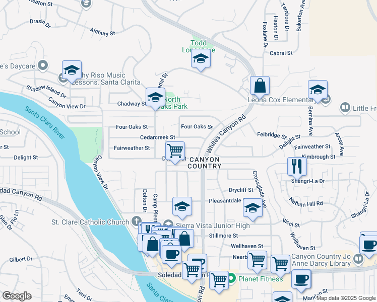map of restaurants, bars, coffee shops, grocery stores, and more near 19330 Cedarcreek Street in Santa Clarita