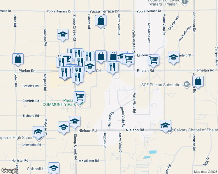 map of restaurants, bars, coffee shops, grocery stores, and more near 9580 Conicera Court in Phelan