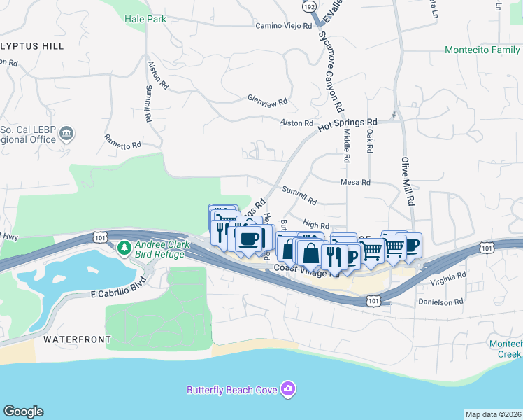 map of restaurants, bars, coffee shops, grocery stores, and more near 190 Hot Springs Road in Montecito