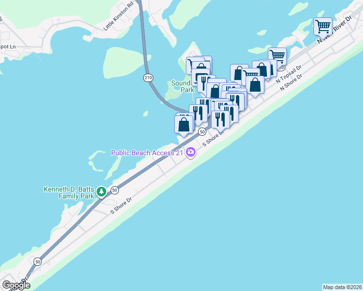 map of restaurants, bars, coffee shops, grocery stores, and more near 301 South Topsail Drive in Surf City