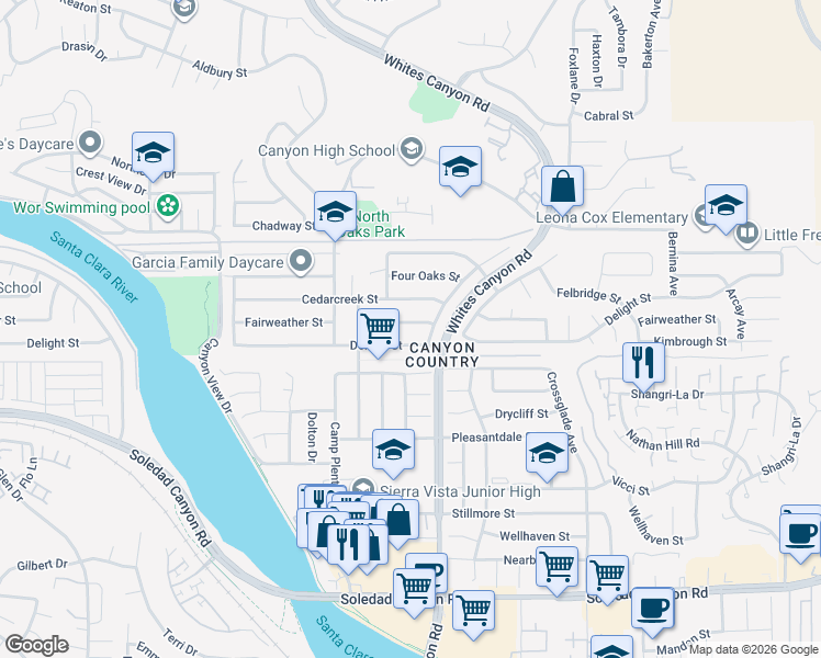 map of restaurants, bars, coffee shops, grocery stores, and more near 19324 Fairweather Street in Santa Clarita