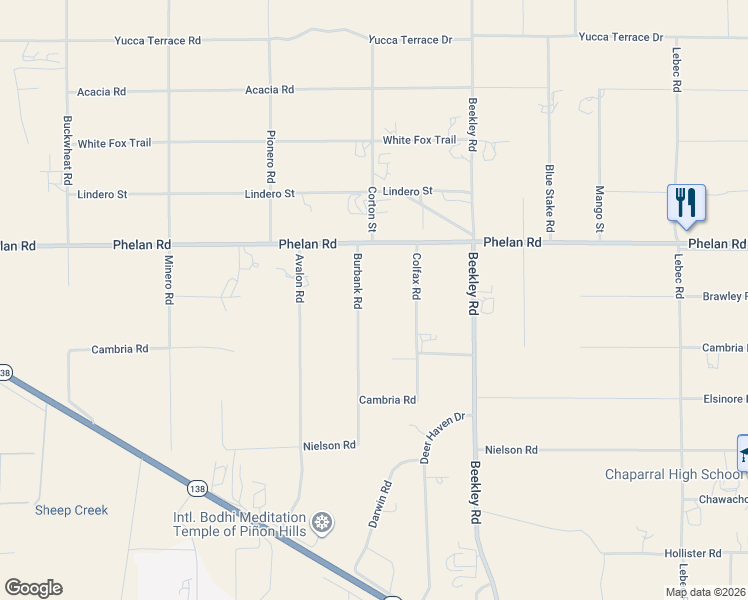 map of restaurants, bars, coffee shops, grocery stores, and more near 9637 Burbank Road in Phelan