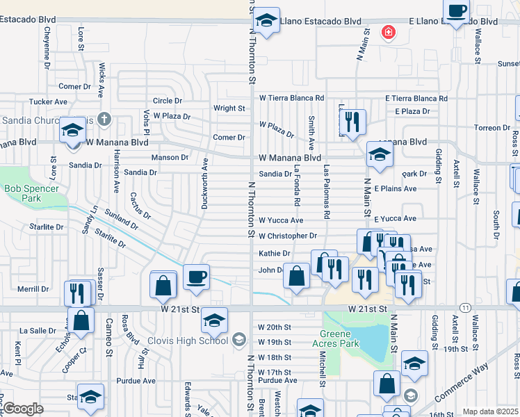 map of restaurants, bars, coffee shops, grocery stores, and more near 616 Prairieview Drive in Clovis